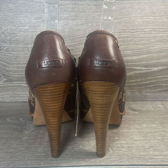 NWT Ugg Fatima Woven Brown Leather Women’s Sz 7 Elegant Platform Heeled Shoes - Picture 4 of 16